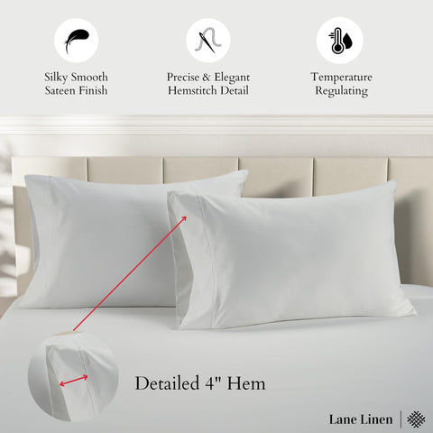 LANE LINEN close-up of sateen weave and 4-inch hem highlighting smooth texture and durability