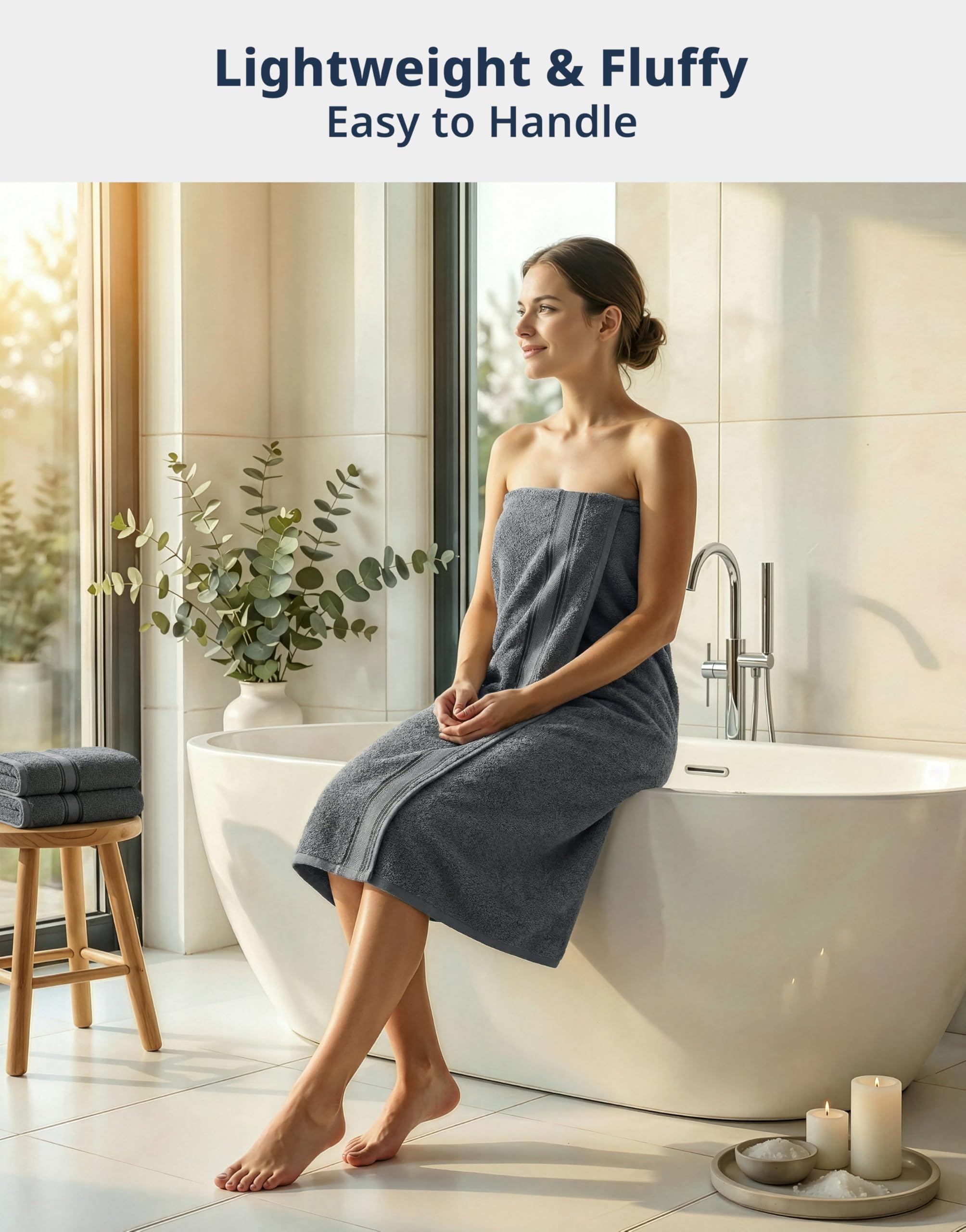 LANE LINEN folded stack highlighting plush thickness and organized bathroom storage benefit