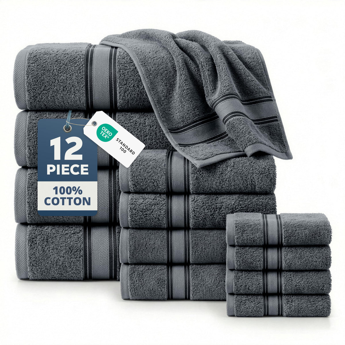 LANE LINEN front view of cool grey towel set showing complete 12-piece set and neat presentation benefit