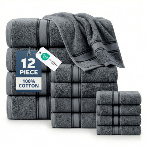 LANE LINEN front view of cool grey towel set showing complete 12-piece set and neat presentation benefit