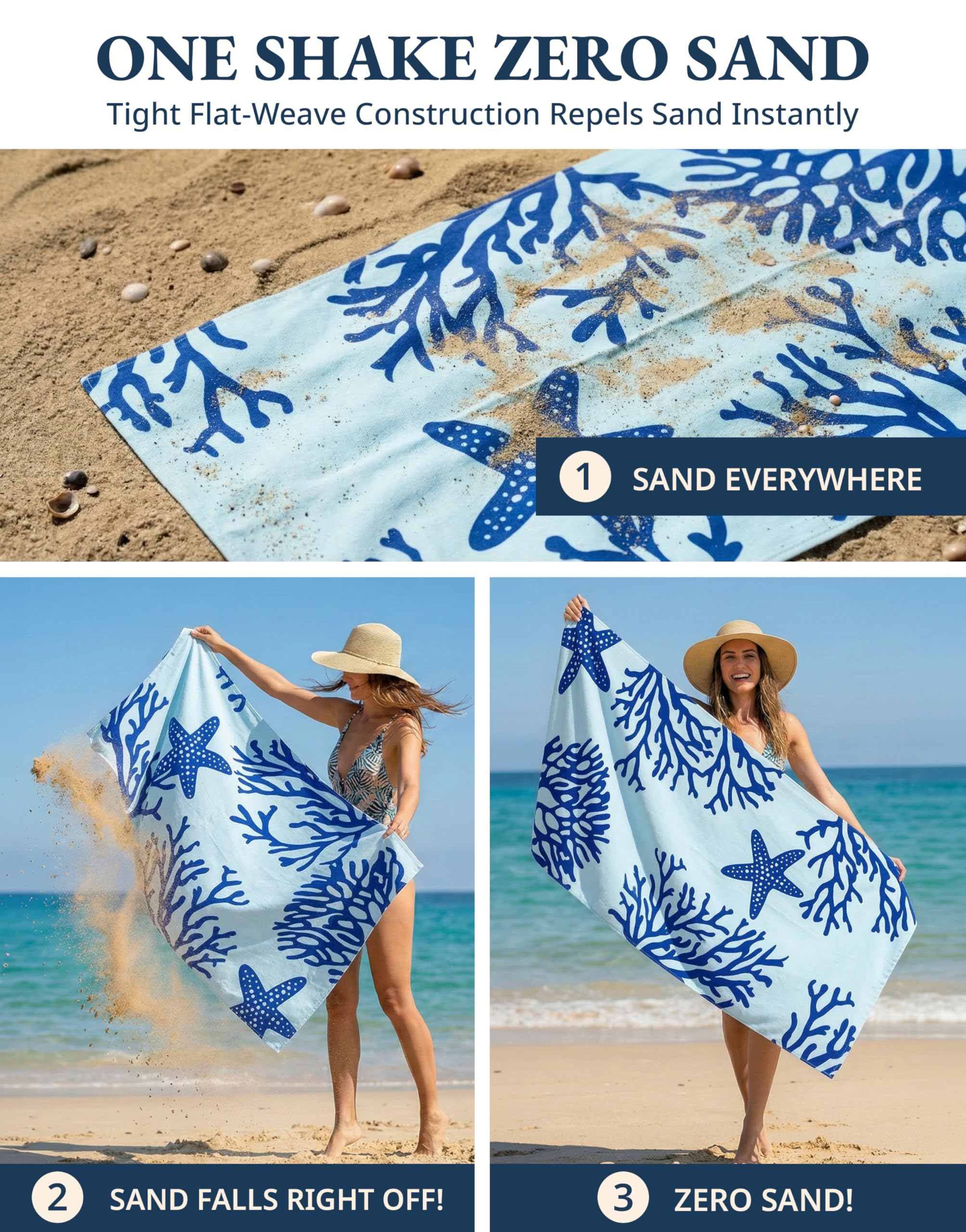 LANE LINEN towel being shaken to release sand showing sand-free convenience