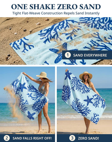 LANE LINEN towel being shaken to release sand showing sand-free convenience