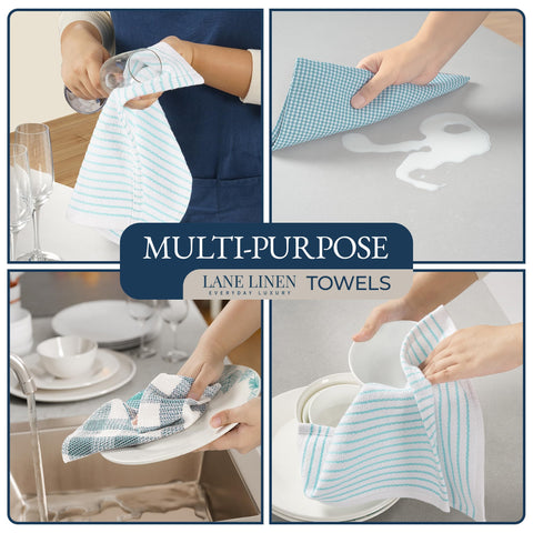 LANE LINEN dishcloths absorbing spilled water quickly to demonstrate fast liquid pickup
