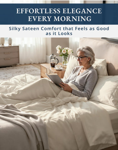 Lane Linen flat sheet draped on bed illustrating elegant sheen and smooth hotel-style look