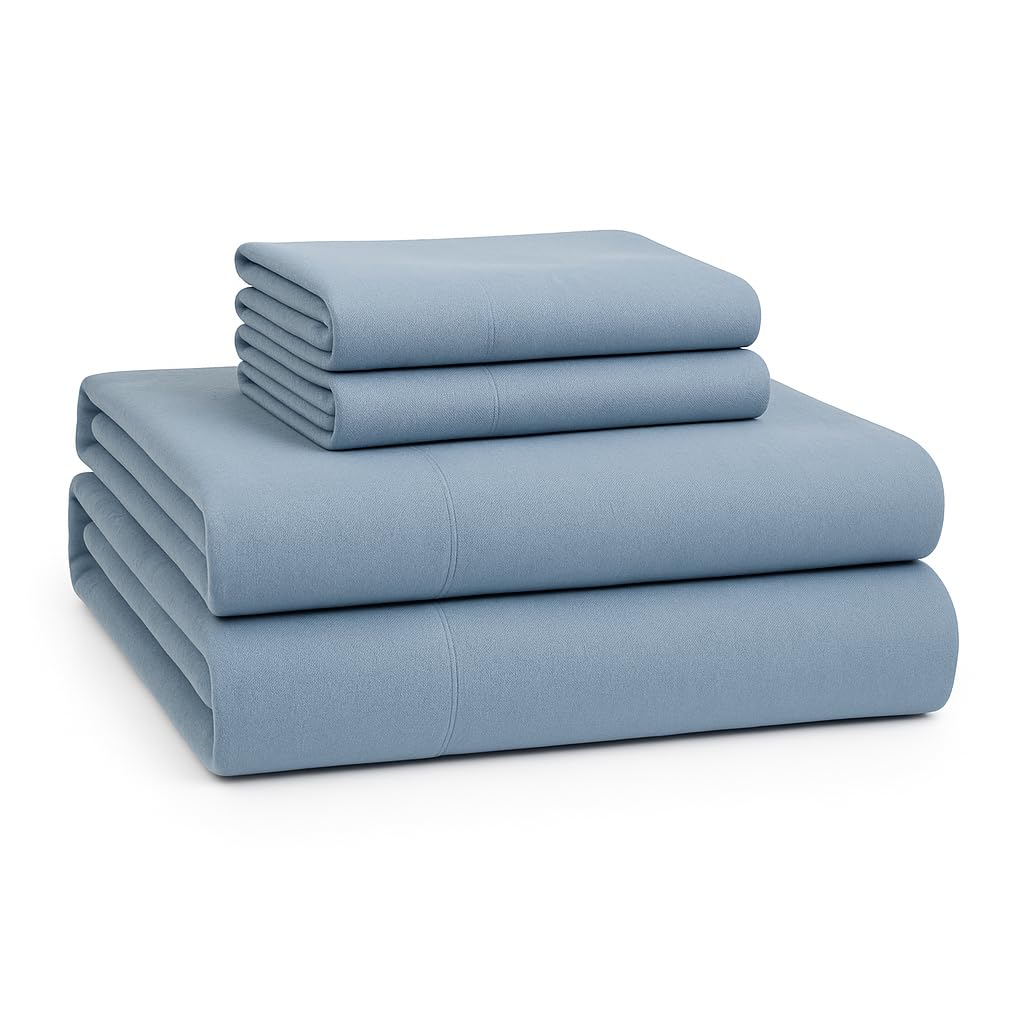LANE LINEN front view of French Blue flannel sheet set showing neat fold and color
