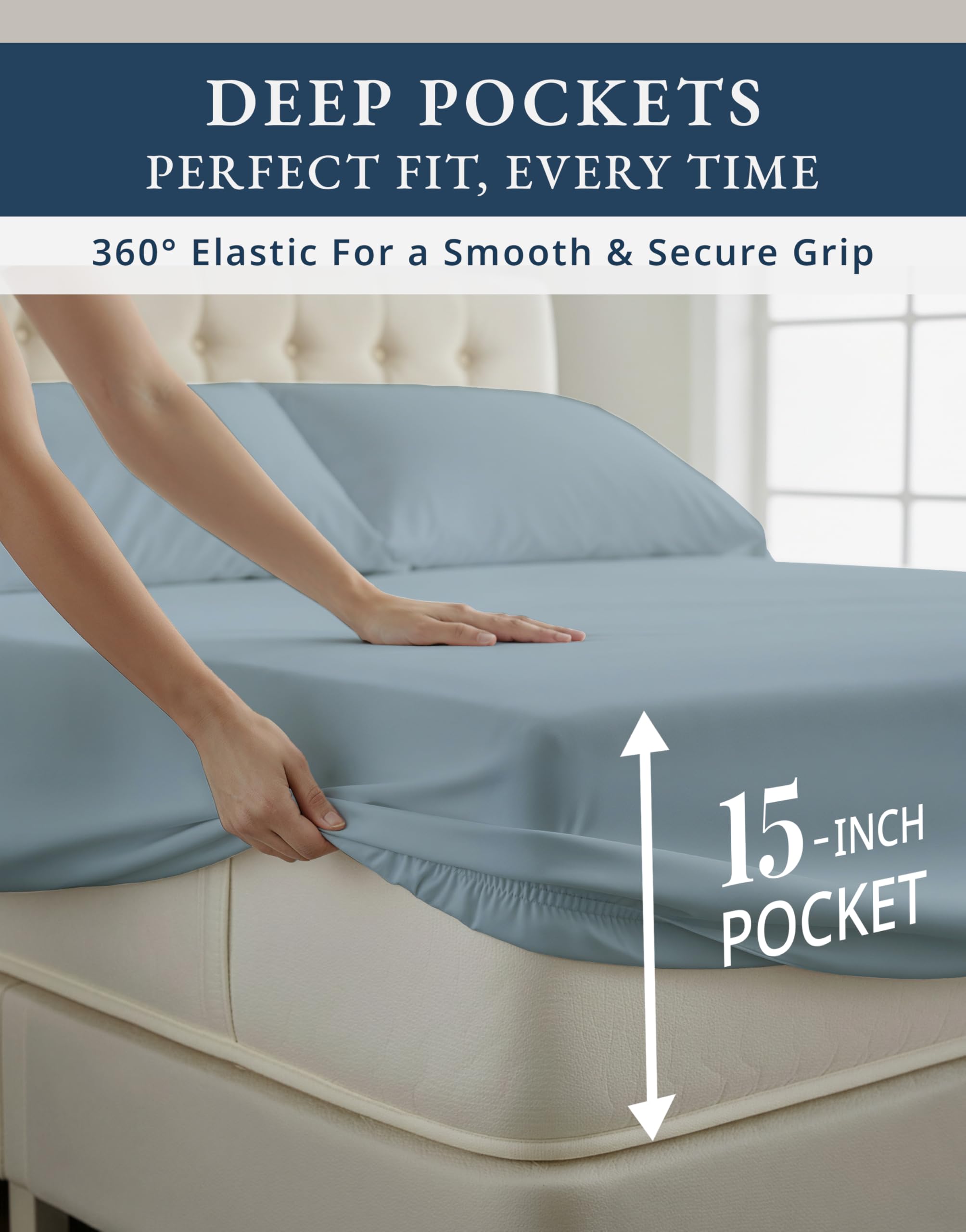 LANE LINEN sheet fitted on mattress illustrating secure all-around elastic hold