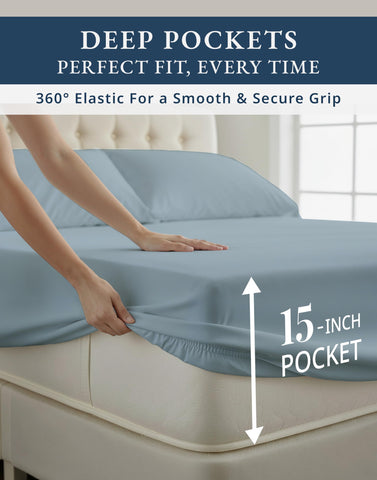 LANE LINEN sheet fitted on mattress illustrating secure all-around elastic hold