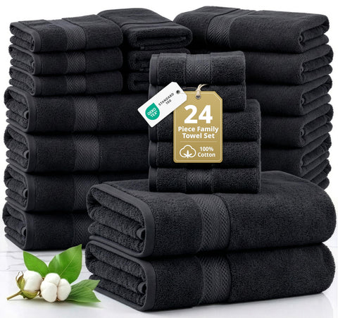 LANE LINEN front folded set in black showing complete 24-piece kit and coordinated look