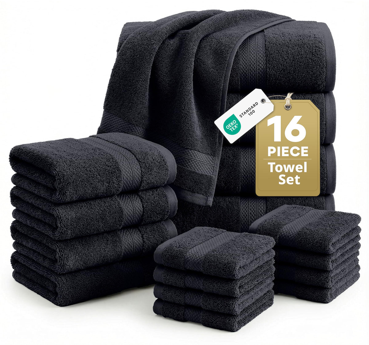LANE LINEN front view of black towel set showing full collection and neat folds