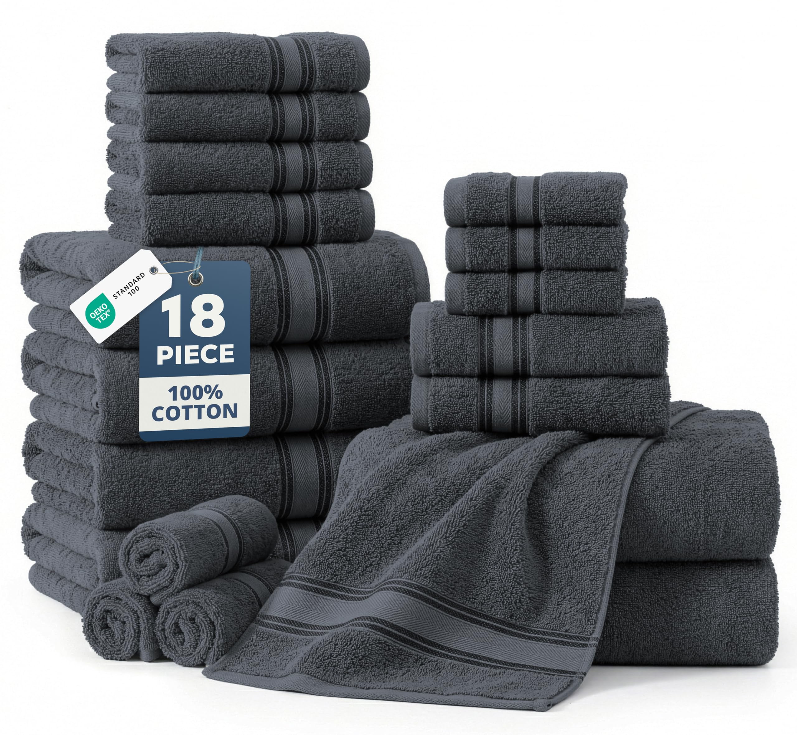 LANE LINEN front packaging of cool grey towels showing complete 18-piece set benefit