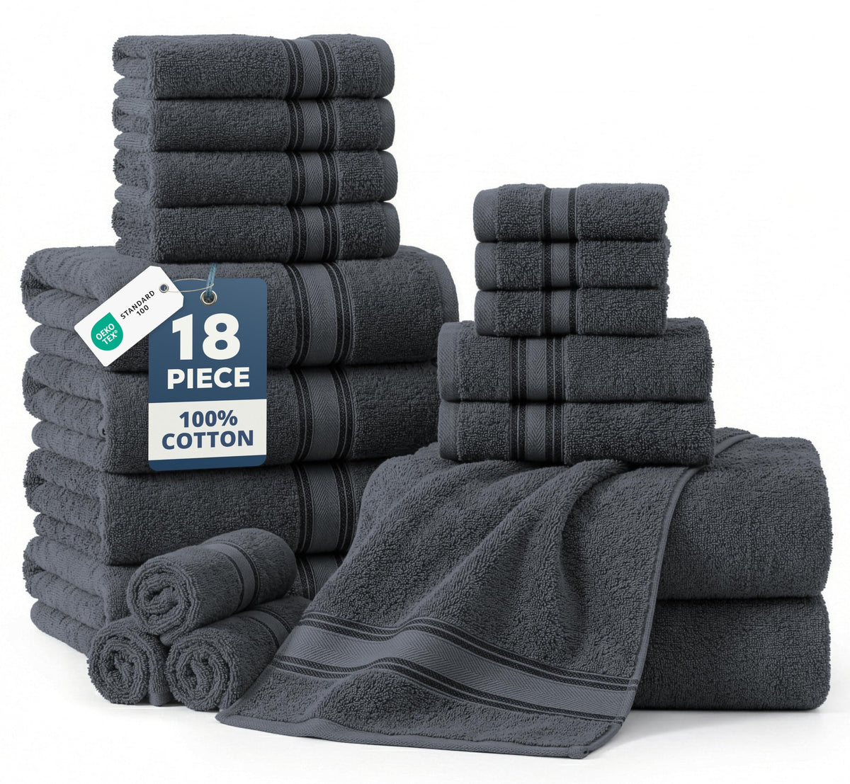 LANE LINEN front packaging of cool grey towels showing complete 18-piece set benefit
