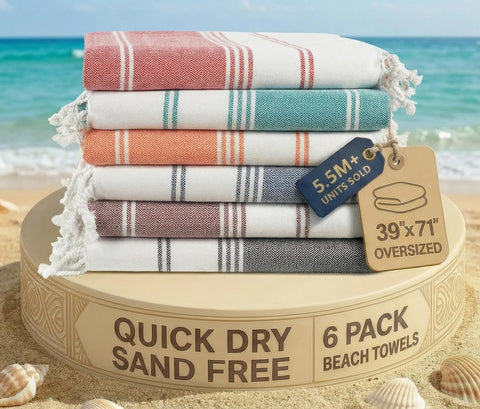 LANE LINEN front view of six towels showing diamond multi colors and convenience