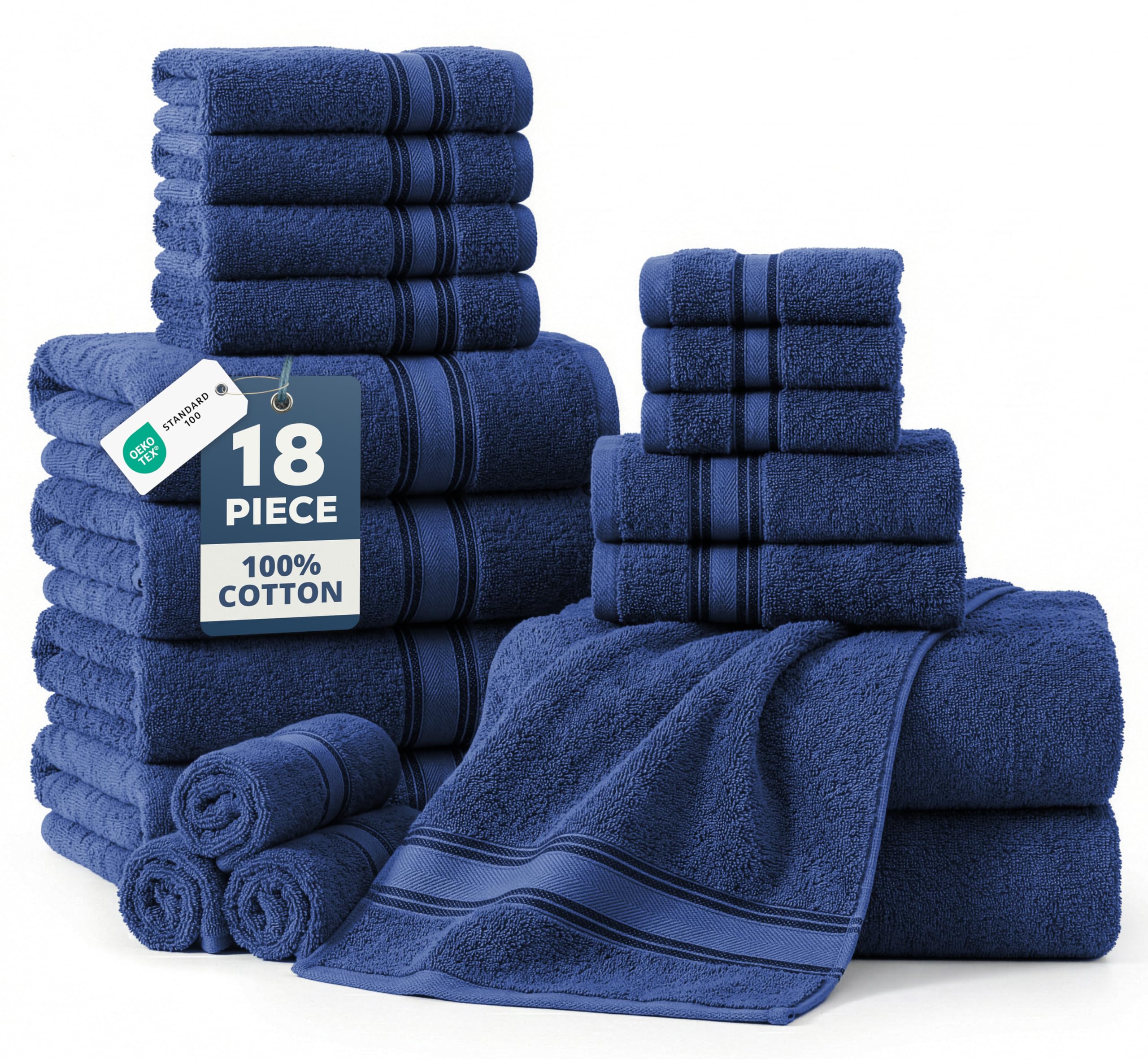 LANE LINEN front packaging navy showing complete 18-piece set and neat presentation