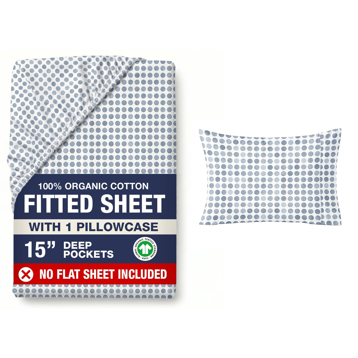 LANE LINEN front view of polka dot blue fitted sheet set showing color and pattern, promotes stylish bedding