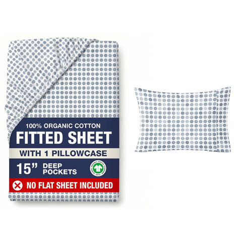 LANE LINEN front view of polka dot blue fitted sheet set showing color and pattern, promotes stylish bedding