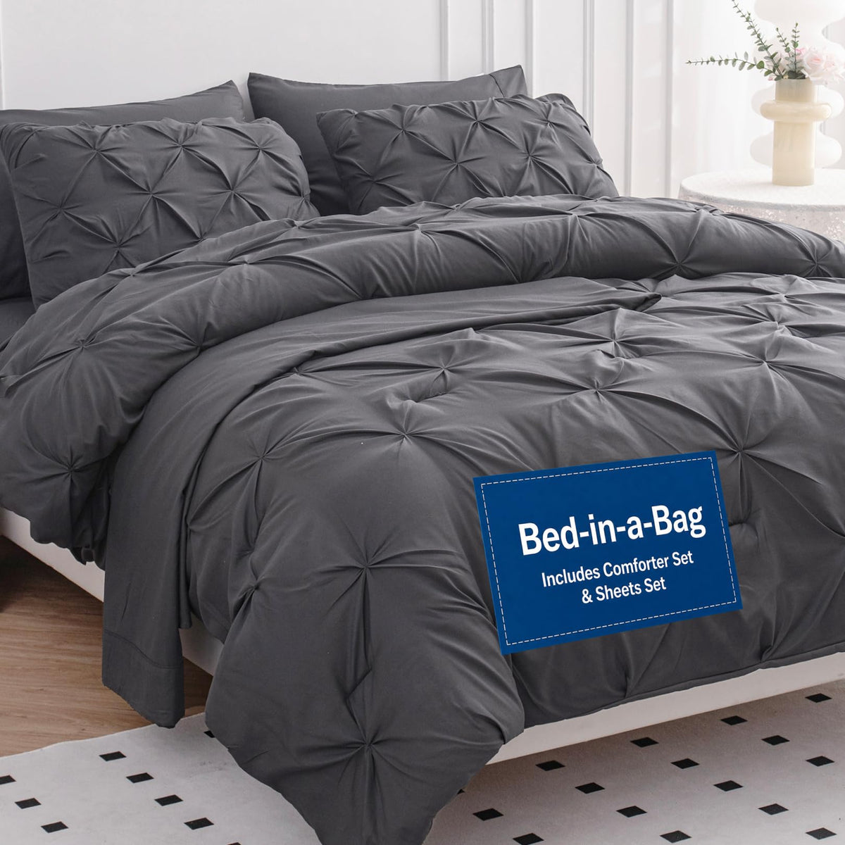 LANE LINEN front packaging of queen grey set shows complete coordinated bedding benefits