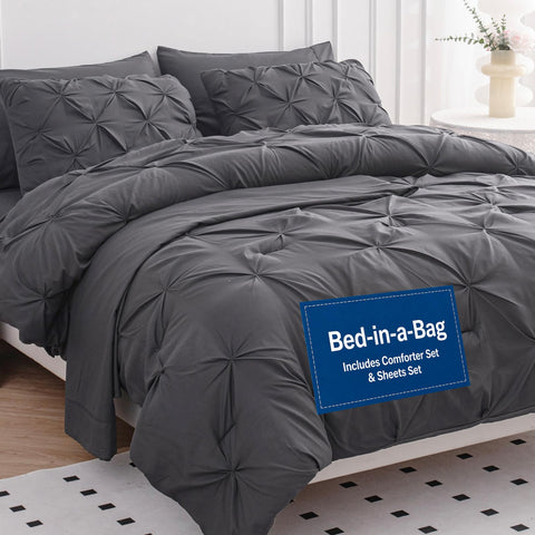 LANE LINEN front packaging of queen grey set shows complete coordinated bedding benefits
