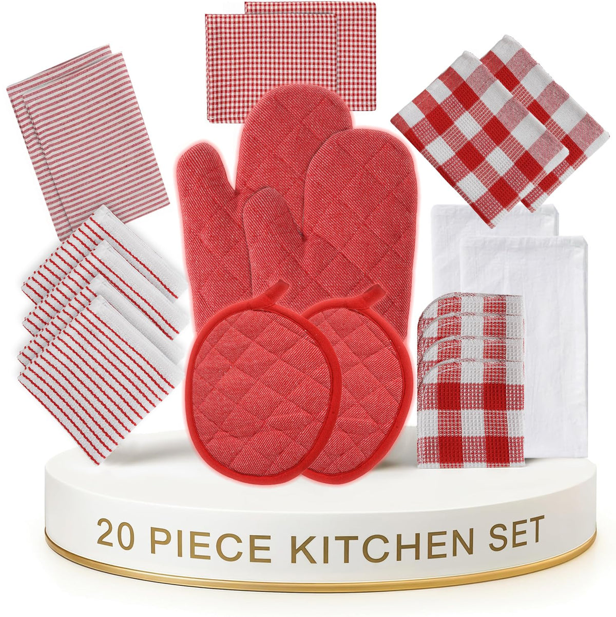 LANE LINEN front packaging showing full 20-piece red kitchen set and value