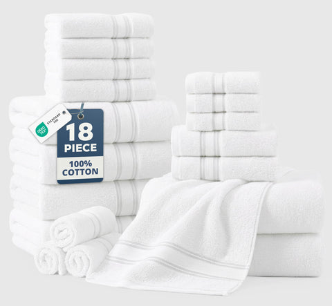 LANE LINEN front packaging showing compressed white towels and eco shipping benefit