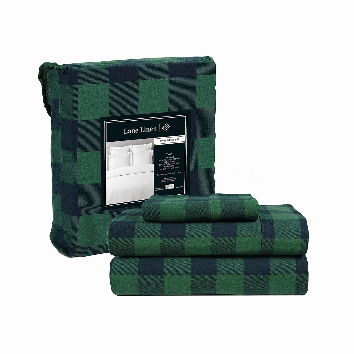 LANE LINEN front packaging showing buffalo check green and included pieces for easy selection