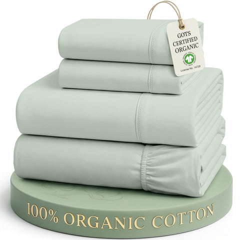 LANE LINEN front packaging showing cool blue sheet set and reusable bag for eco-friendly storage