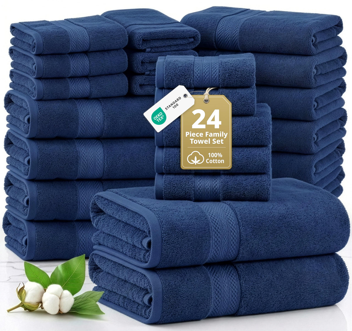 LANE LINEN front view navy towel set showing full collection and coordinated color
