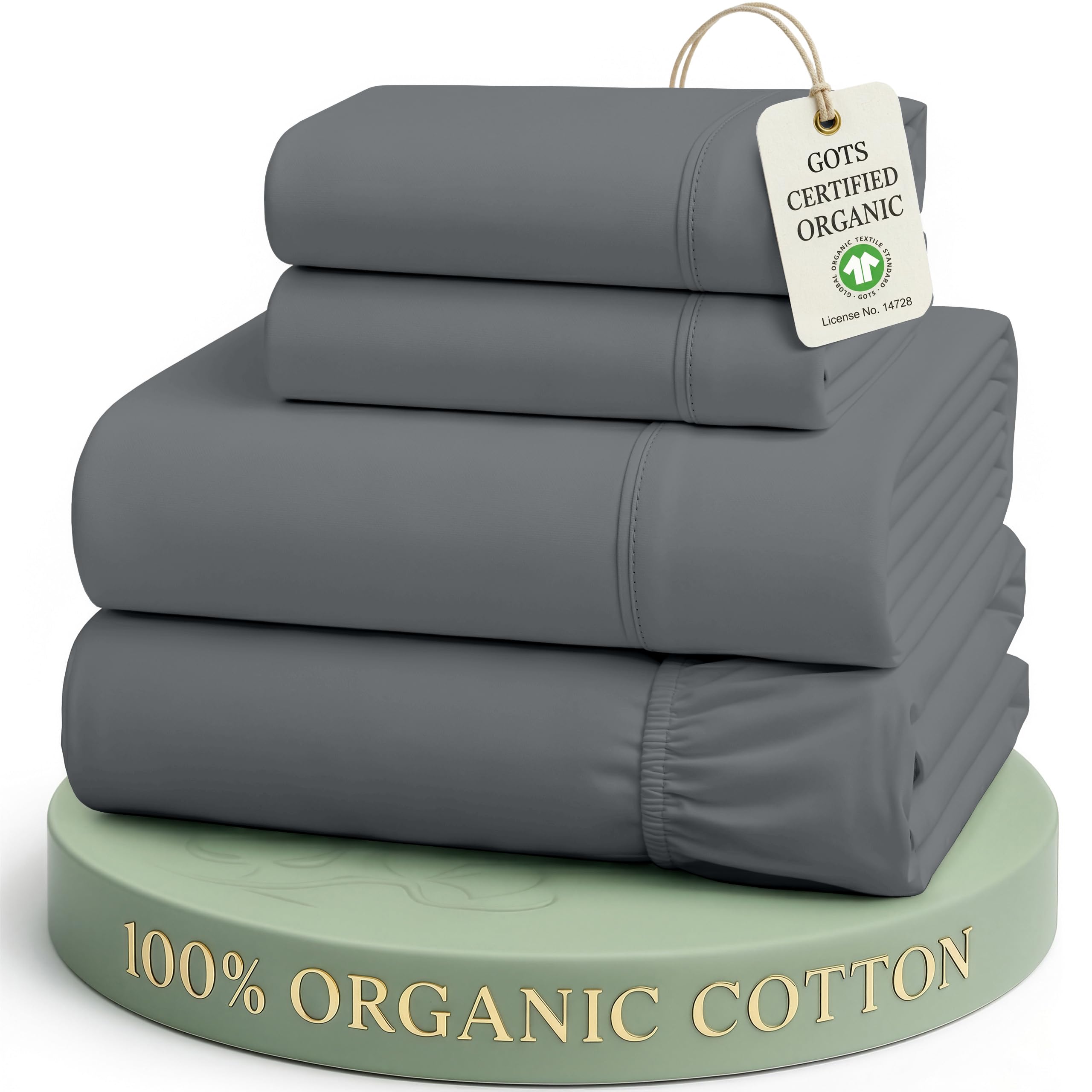 LANE LINEN front packaging of full sheet set showing charcoal color and sustainable bag benefit