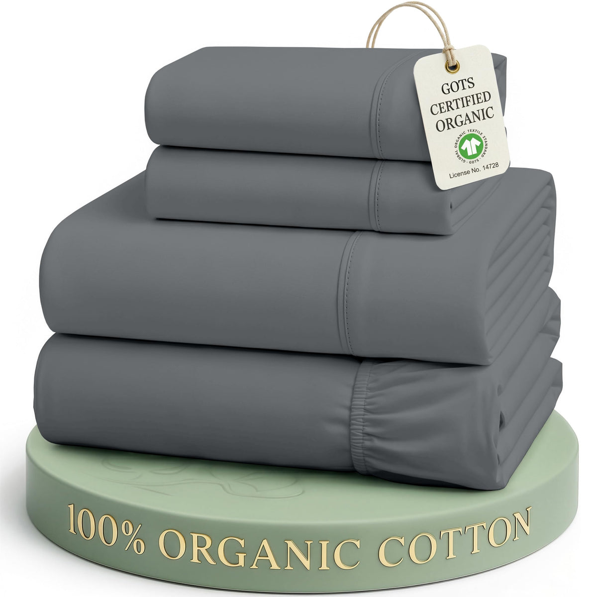 LANE LINEN front packaging of full sheet set showing charcoal color and sustainable bag benefit