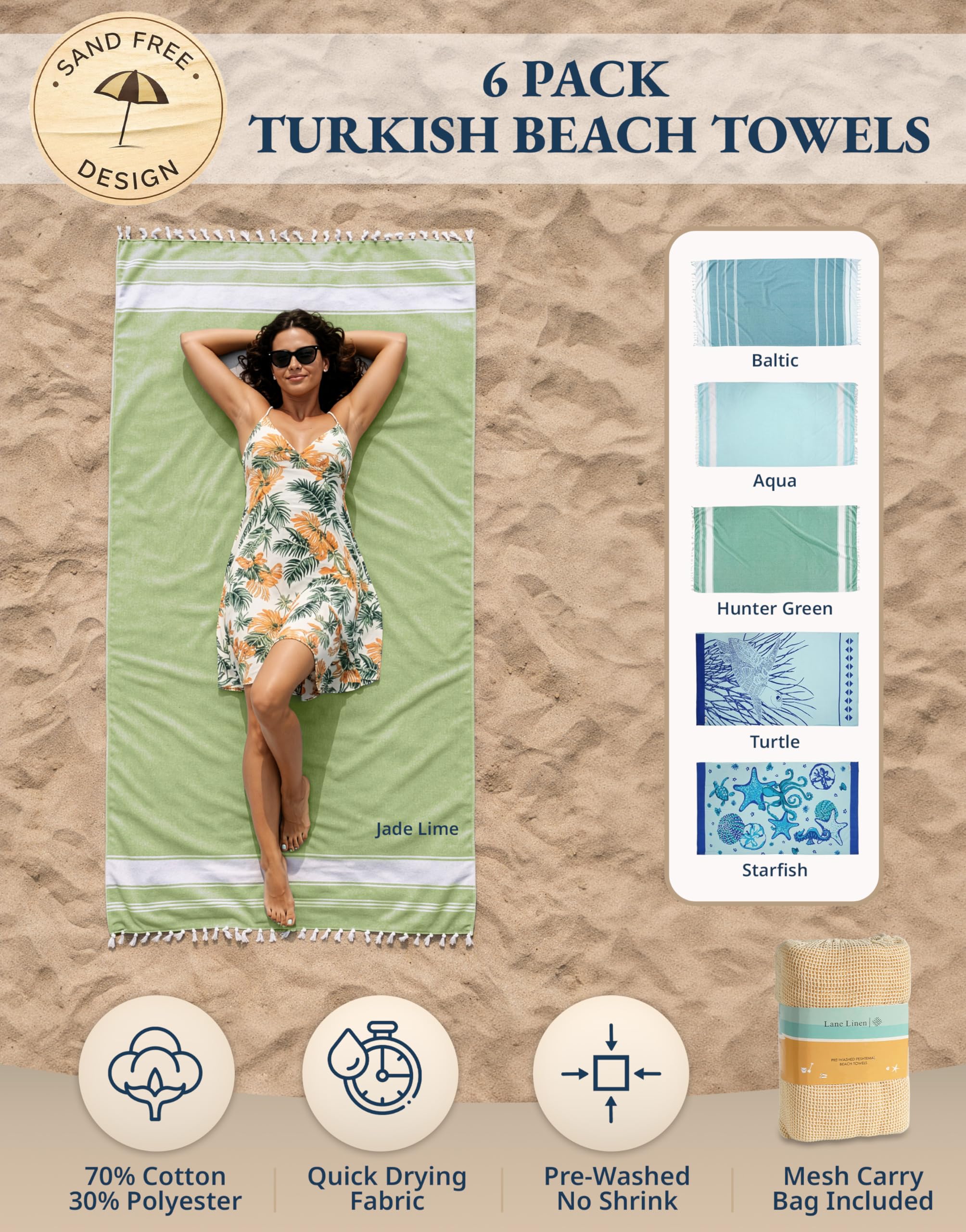 LANE LINEN fully spread towel on sand demonstrates roomy 39x71 comfort