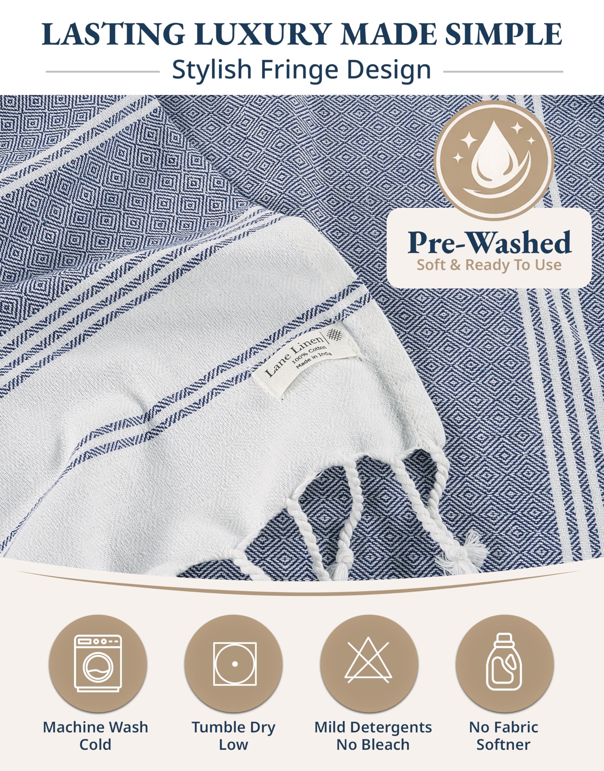 LANE LINEN care label close-up showing washability and easy maintenance