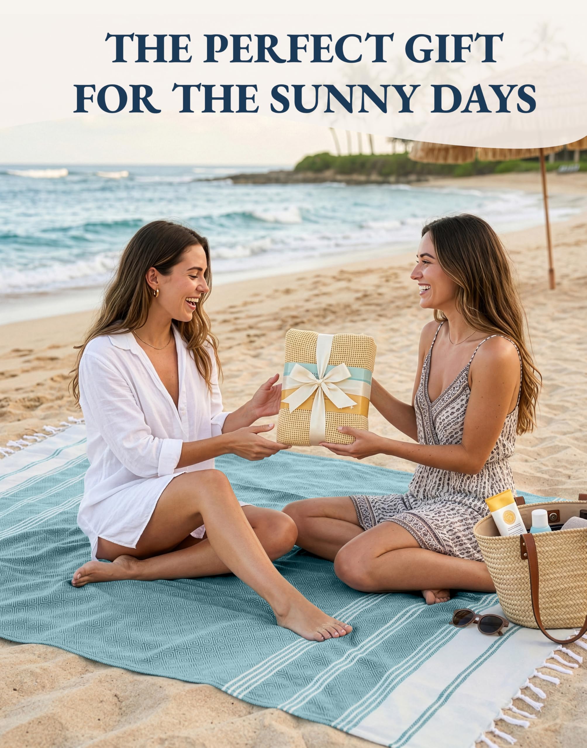 LANE LINEN family enjoying beach with towels, conveys convenience and comfort