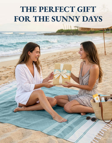 LANE LINEN family enjoying beach with towels, conveys convenience and comfort