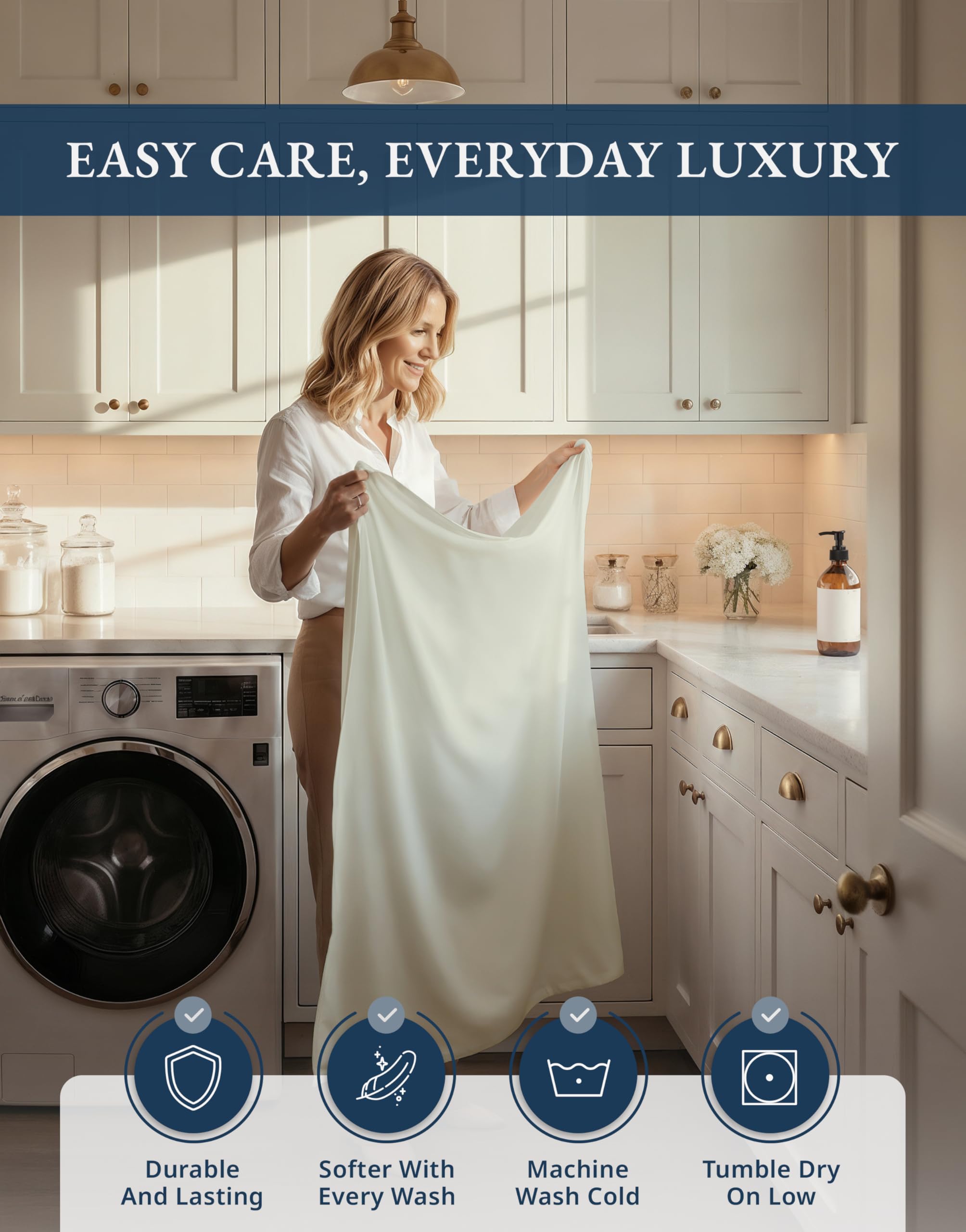 LANE LINEN hand smoothing fabric to show soft feel and breathable comfort benefit