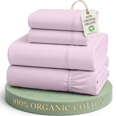 LANE LINEN front flat lay showing orchid petal queen sheet set and cooling benefit