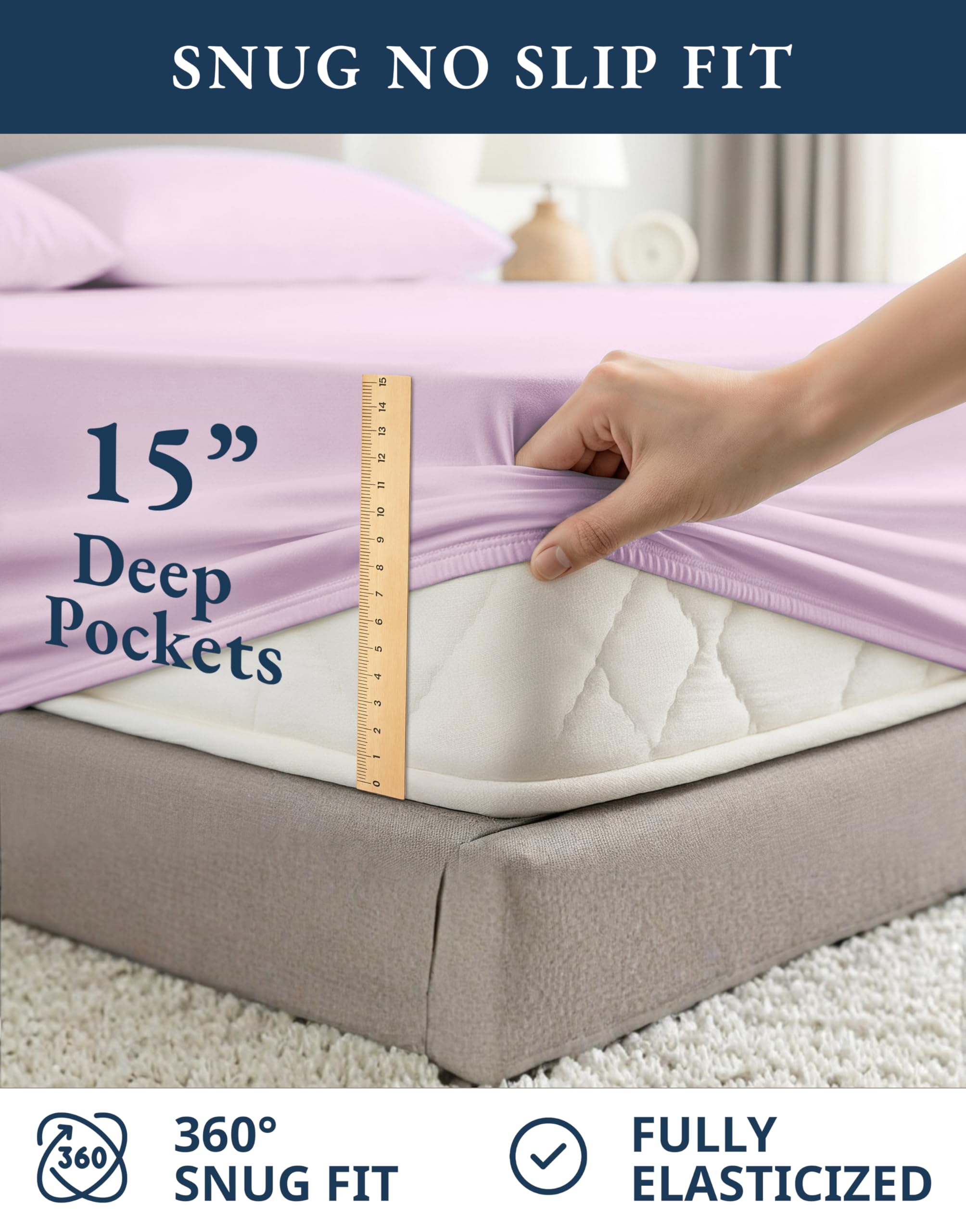 LANE LINEN size comparison with ruler showing queen dimensions and fit reassurance
