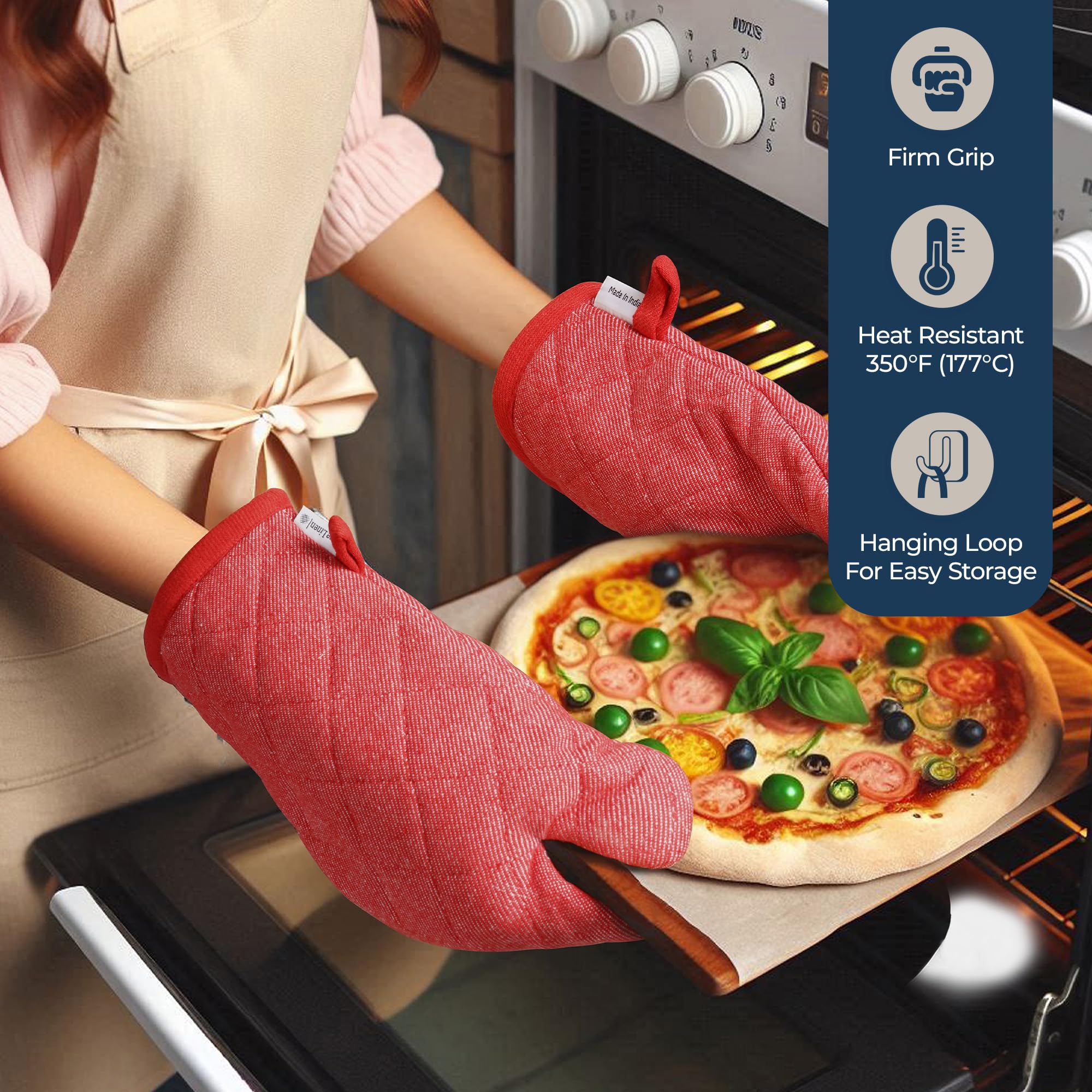 LANE LINEN oven mitt and pot holder pair demonstrating heat protection