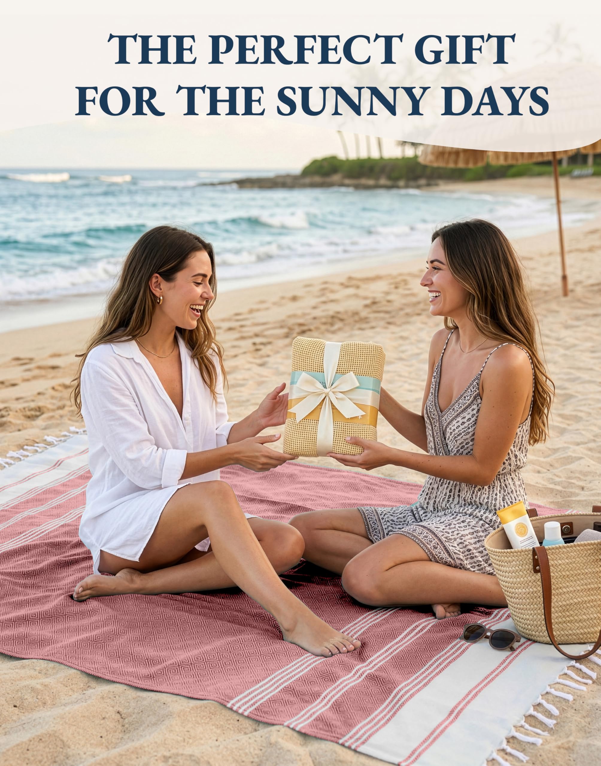 LANE LINEN beach scene with towel in use showing versatile lifestyle use