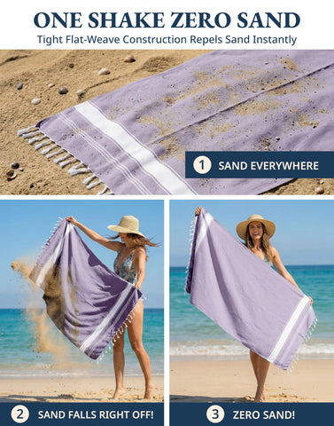 LANE LINEN Regal Orchid shaking sand off towel demonstrating sand-free benefit