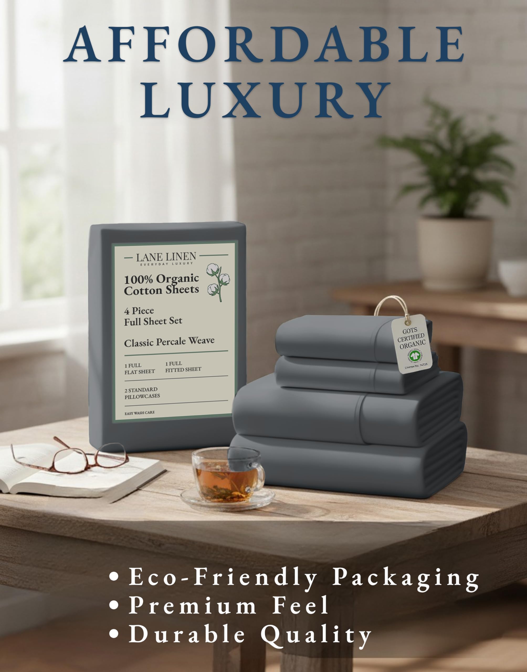 LANE LINEN reusable fabric bag with sheet set showing eco-friendly packaging benefit