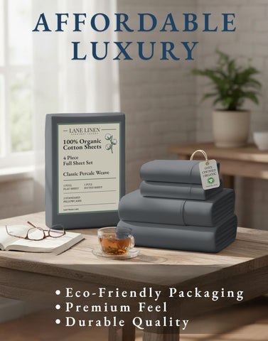 LANE LINEN reusable fabric bag with sheet set showing eco-friendly packaging benefit