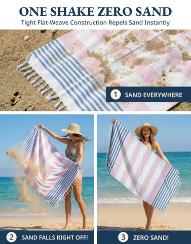 LANE LINEN towel being shaken on sand, shows sand release and cleanliness