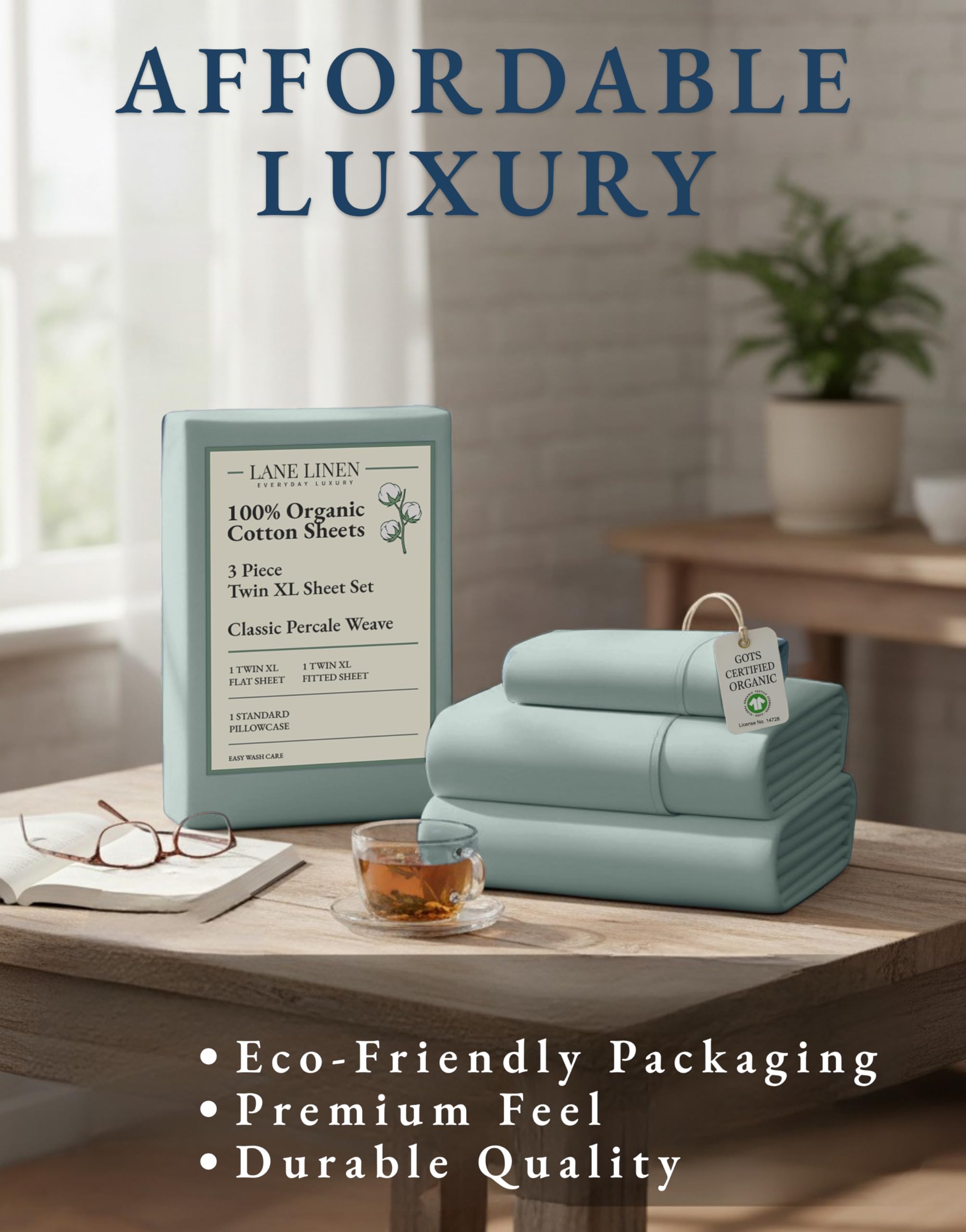 LANE LINEN sheets next to ruler showing Twin XL scale and mattress compatibility