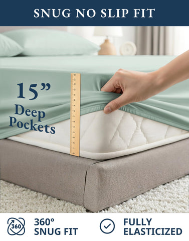 LANE LINEN sheet next to ruler showing fit for mattress depths benefit