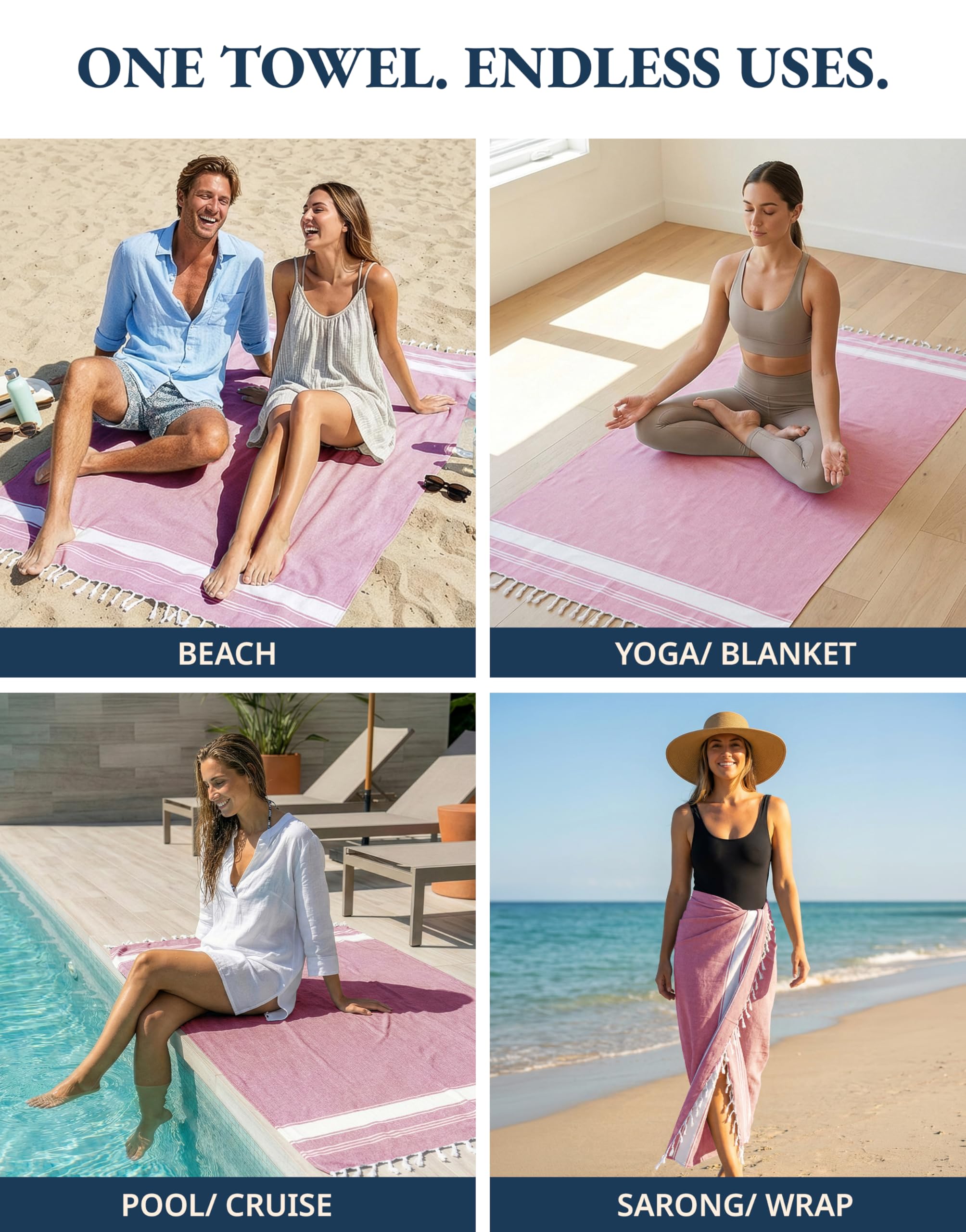 LANE LINEN full-size towel with adult lying, illustrates generous 39x71 dimensions