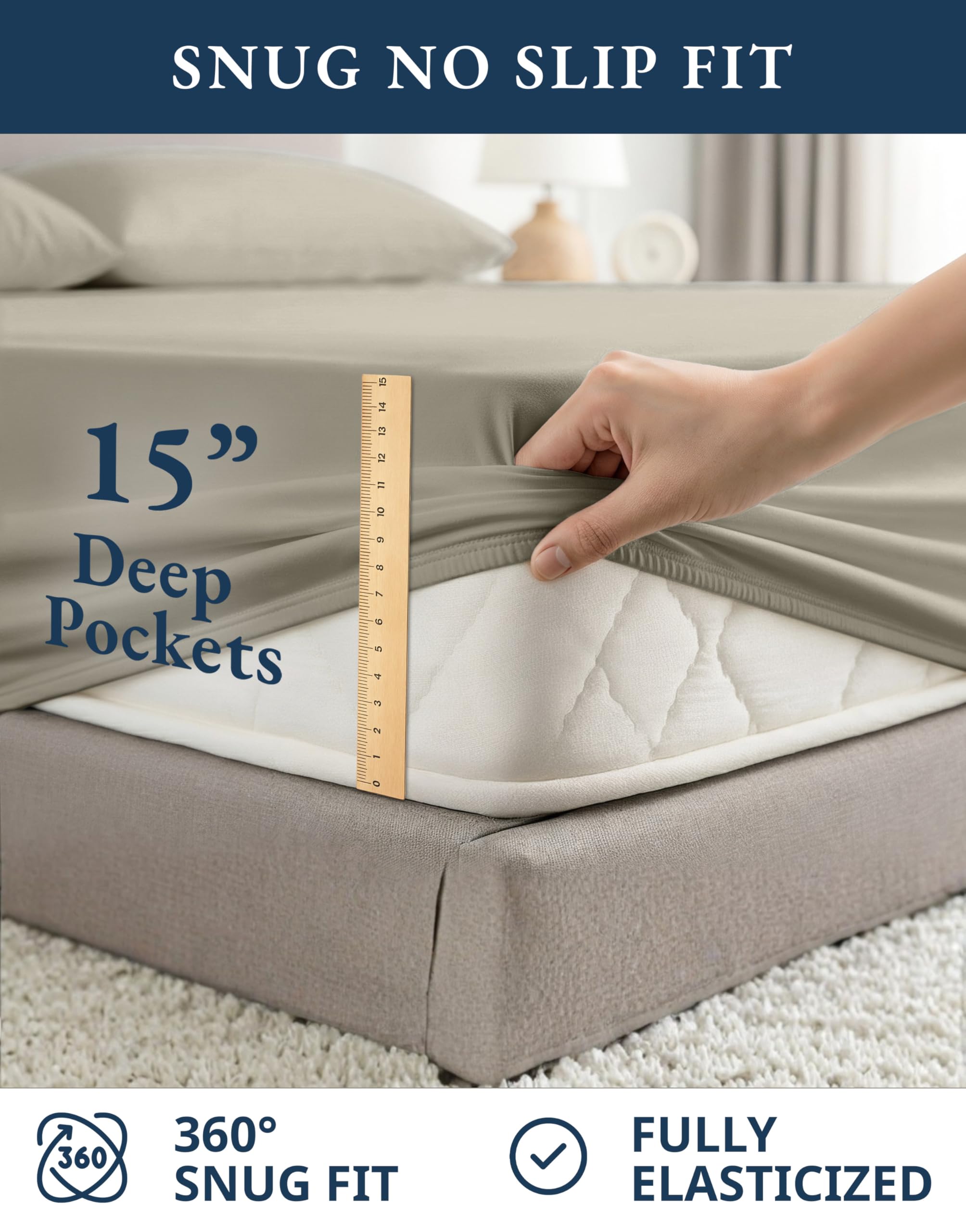 LANE LINEN sheets beside mattress measuring depth illustrating fit range