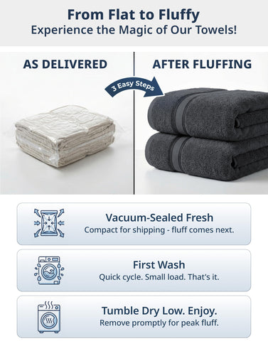 LANE LINEN towels next to ruler showing actual size and generous coverage benefit