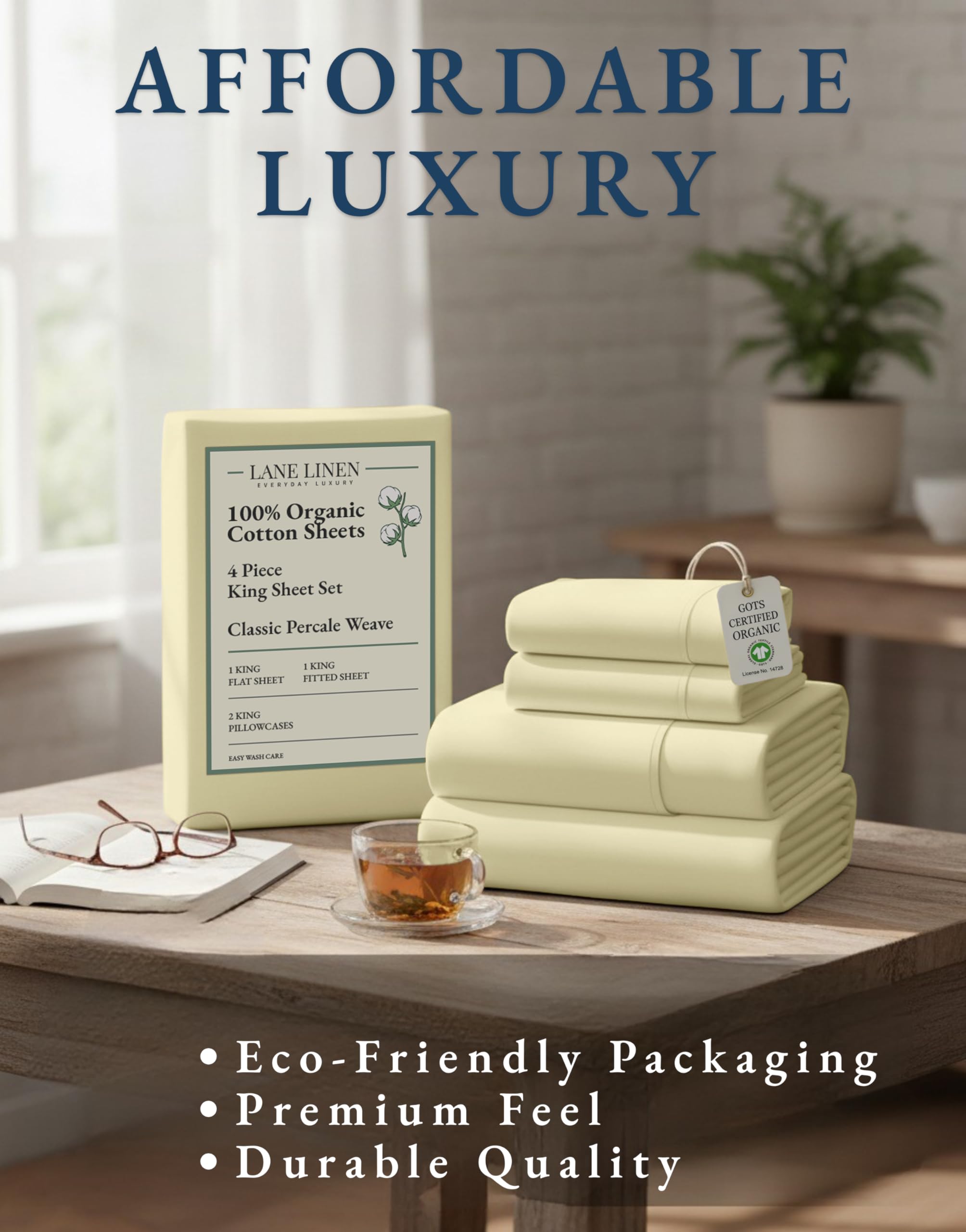 LANE LINEN king sheets beside mattress illustrating deep-pocket fit and scale