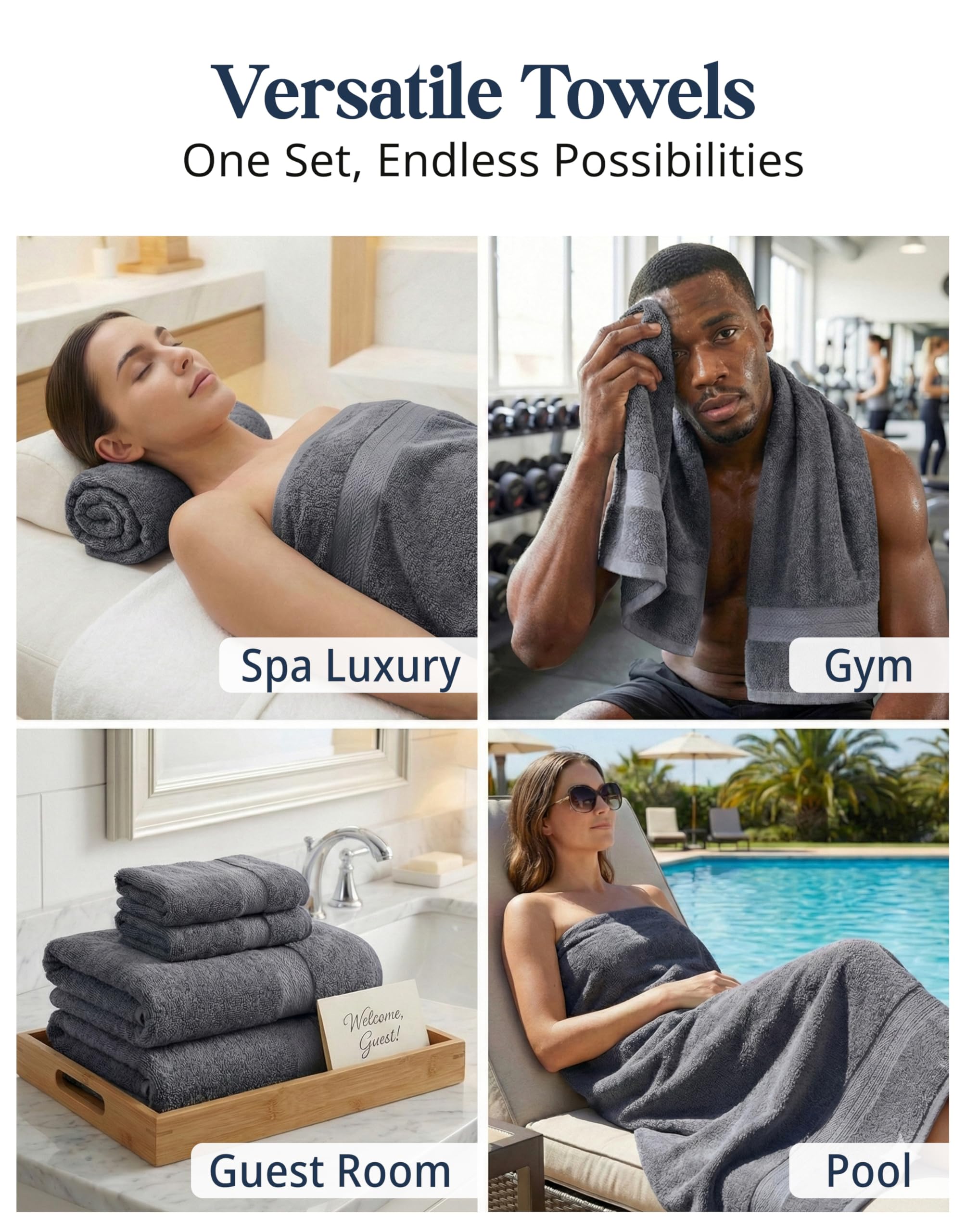 LANE LINEN size comparison with person showing generous bath sheet coverage