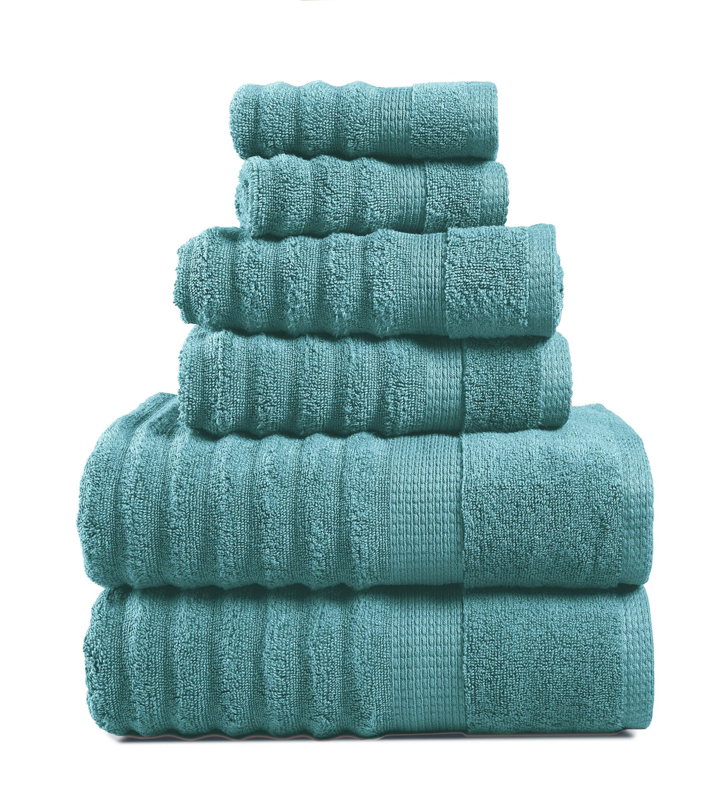 LANE LINEN front view of teal towel set showing full collection and styling benefit