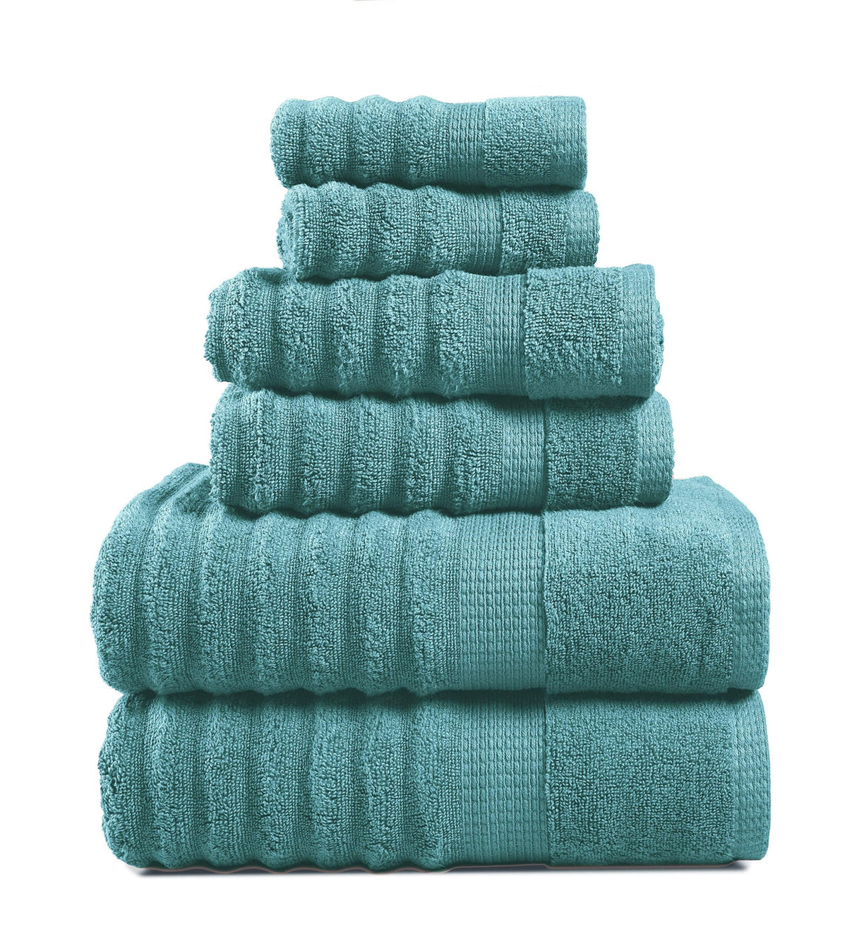 LANE LINEN front view of teal towel set showing full collection and styling benefit